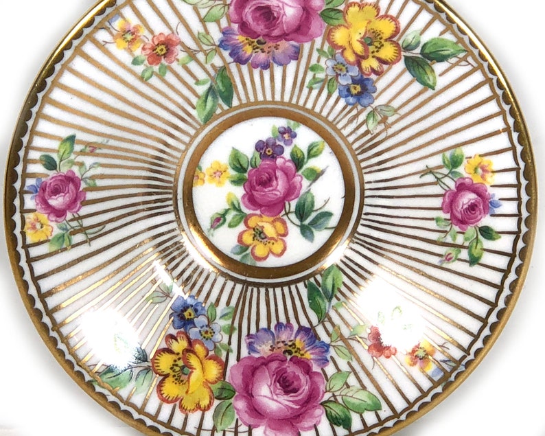 Vintage Saucer 2 Available White with Handpainted Gold Spokes and Colorful Flowers Made in England, by New Chelsea