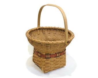 Large Flared Rim Wood Slat Basket, Bent Wood Handle, Colored Border Accents, Squared Base and Round, Wide Rim