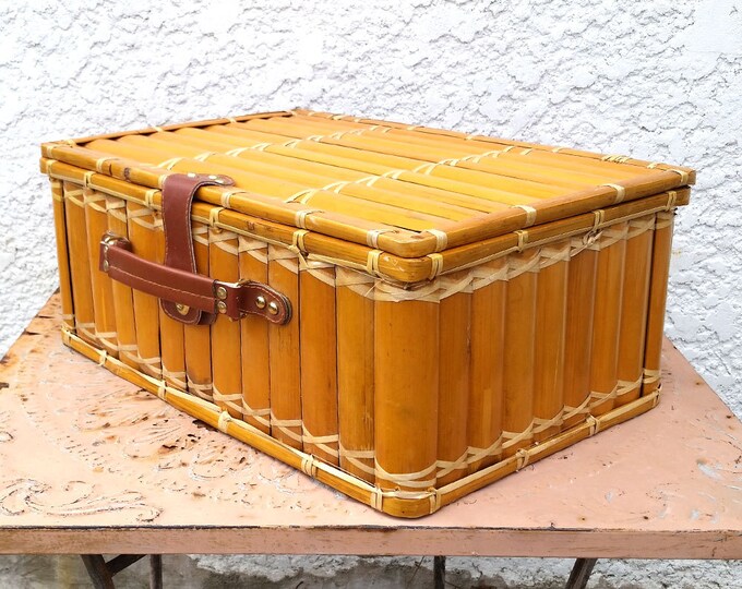 Vintage Bamboo Picnic Basket Blue/green Plaid Lining White Etsy