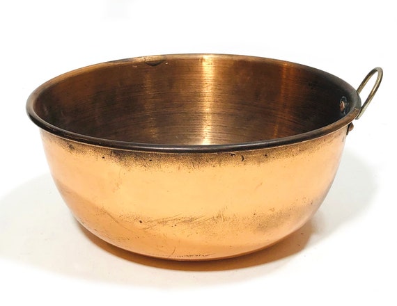 Vintage Set of Three Copper Mixing Bowls With Brass Loop 
