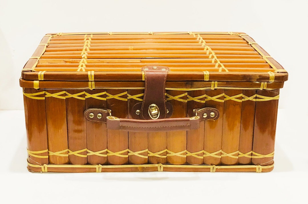 Vintage Bamboo Picnic Basket Fun Tropical Print Cotton Etsy België