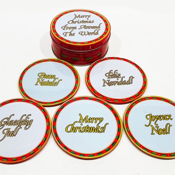 Vintage Christmas Coasters, "Merry Christmas in Five Languages, Cork Backed, Round Tin Box Case, "Merry Christmas From Around the World"