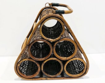 Vintage Sturdy Wicker and Rattan Wine Bottle Rack, Pyramid Shape, with Carrying Handle
