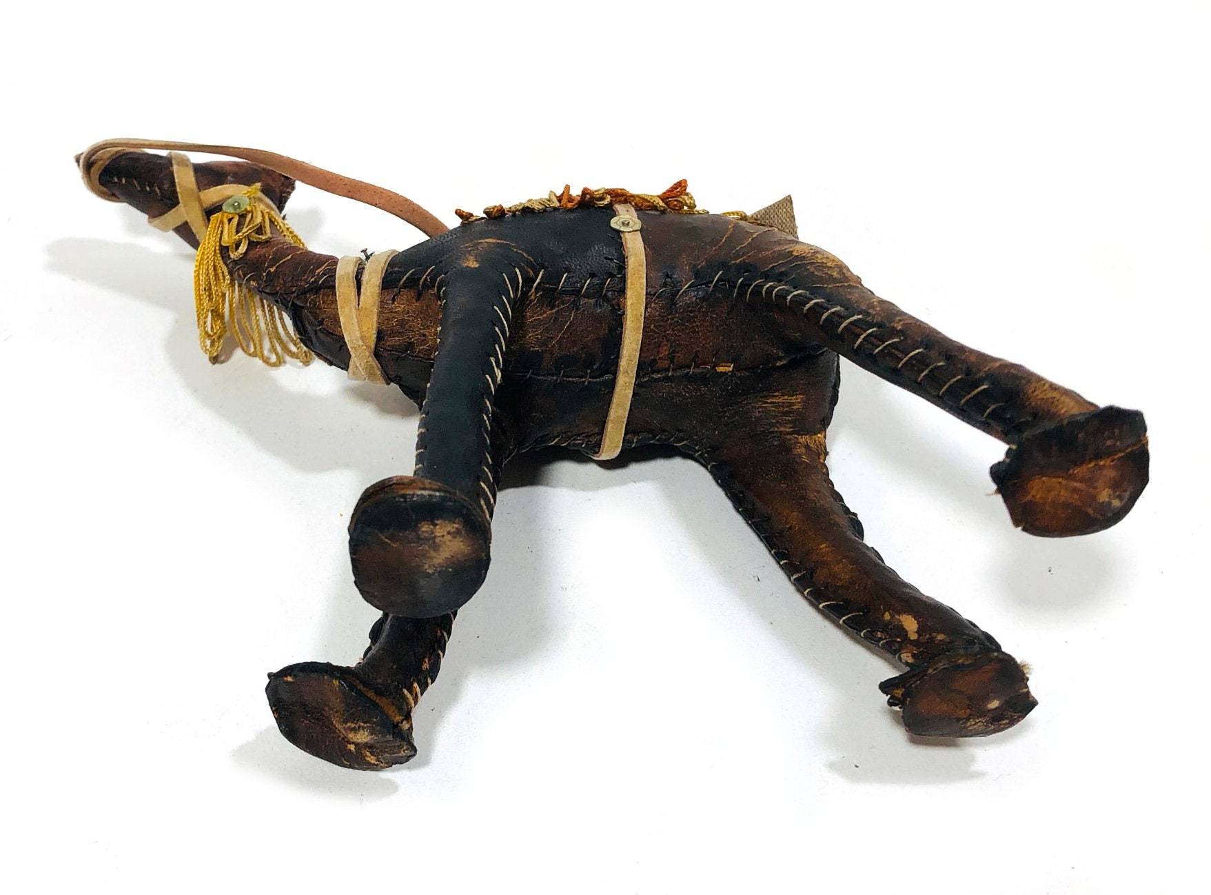 Fun Vintage Leather Camel Figure Toy Statue, Aged Yellow and