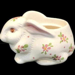 Vintage White Rabbit Planter with Pink Flowers - Bunny Planter, Avon, Made in Brazil