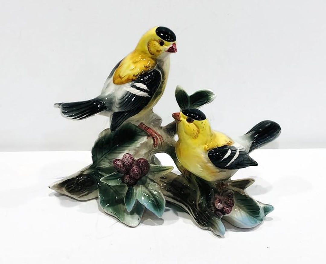 Vintage Bird Figurine - Two Yellow and Black Goldfinches