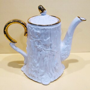 Vintage Coffee Pot, "Old English Oak", by Royal Stafford Fine Bone China, Fabulous Faux Bois Embossed Texture, White with Gold Trim image 2