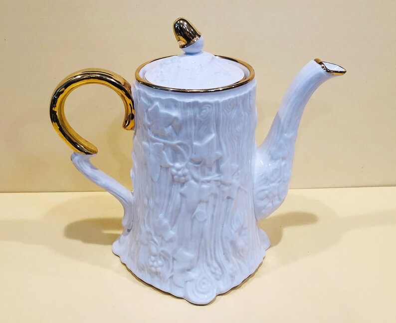 Vintage Coffee Pot, "Old English Oak", by Royal Stafford Fine Bone China, Fabulous Faux Bois Embossed Texture, White with Gold Trim image 2