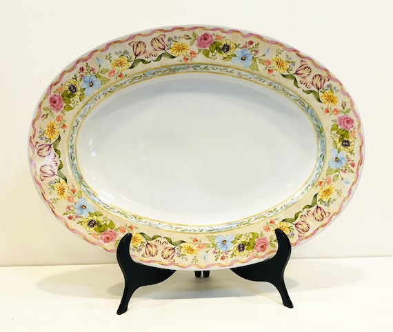 Lovely Spring Inspired Oval Platter, floral Daze by American Atelier,  Yellow Rim, Pink Ribbon, Colorful Flowers, Circa 2000 to 2003 -  Ireland