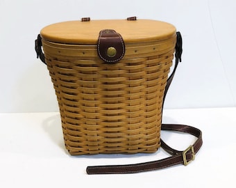 Vintage Longaberger Basket, Saddlebrook Wood Slot Basket with Wood Lid, Original Plastic Lining, Adjustable Leather Strap, Purse, Handbag