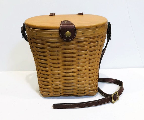 Vintage Longaberger Basket, Saddlebrook Wood Slot Basket with Wood Lid, Original Plastic Lining, Adjustable Leather Strap, Purse, Handbag