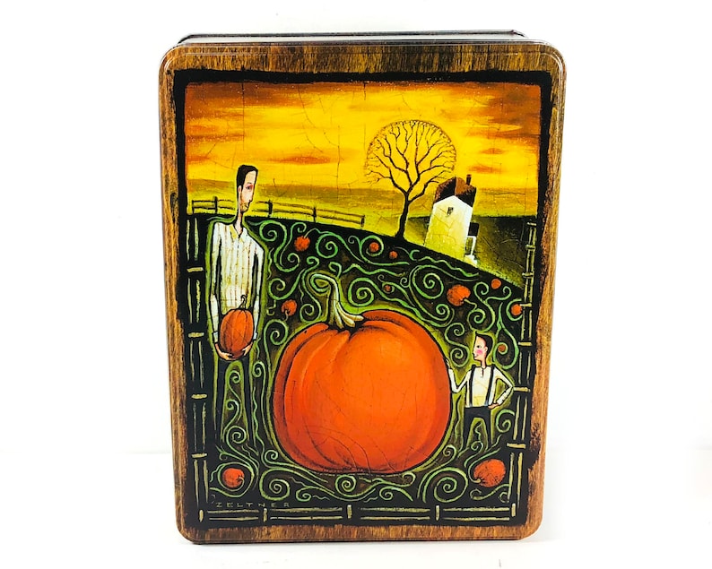 Great Graphic Illustration Large Great Pumpkin Tin Stylized Vines on Sides of Tin