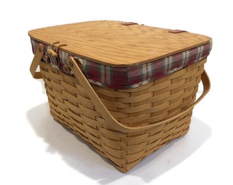 Vintage Longaberger Basket, Wood Slat Basket, Collapsible Bent Wood Handles, Plaid Lining, circa 2001, Hinged Lid