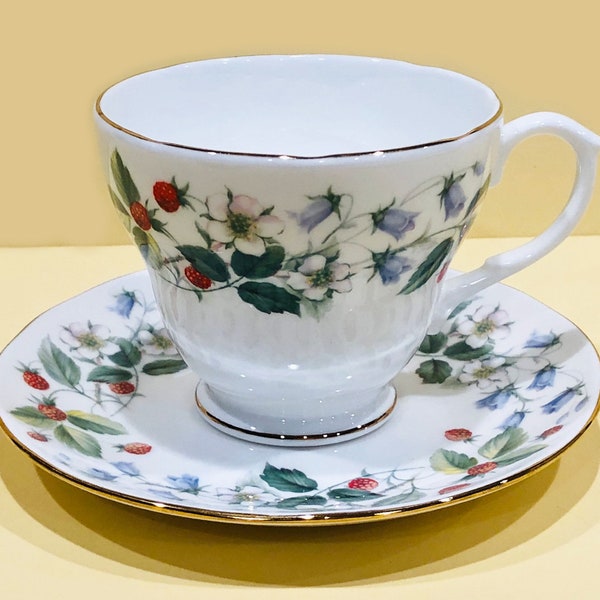 Vintage Tea Cup and Saucer, "Strawberry Fields" by Duchess Bone China, Made in England, (5 Available), circa 1994 to 2001