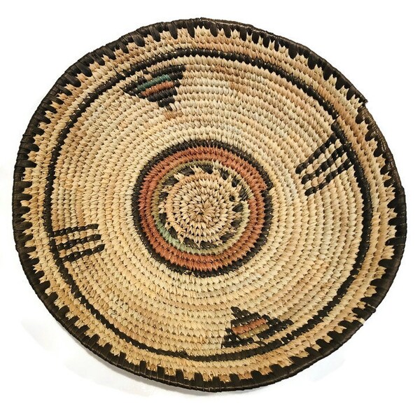 Pretty Round Vintage Woven Coiled Shallow Bowl, Beige, Dark Brown, Green, and Brick, Natural Materials, Geometric Pattern, Aged Patina