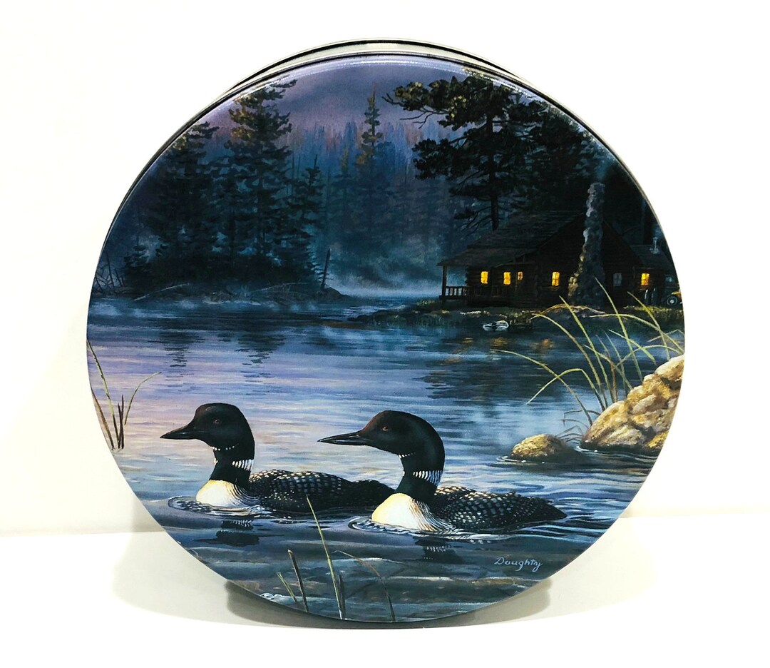 Vintage Round Metal Tin Two Loons, Northern Lake, Black Sides, Etsy