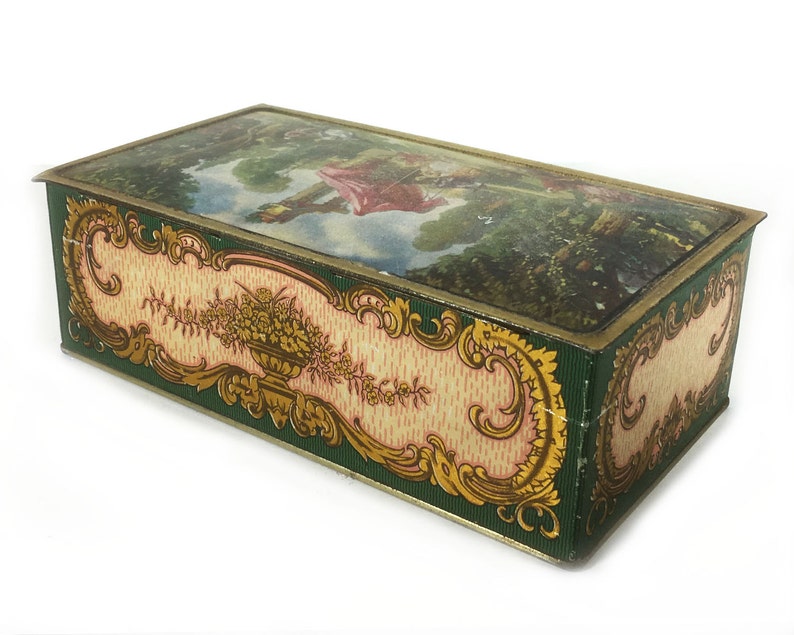 Heavier Tin Constructions Vintage Tin Antique Looking Landscape on Lid 1940s or 1950s