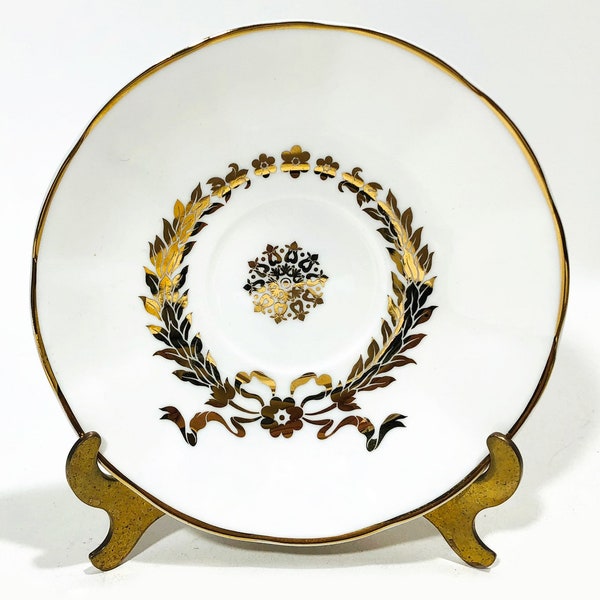 Vintage Buckingham Palace Saucer - Shiny Gold Laurel Pattern, Wavy Gold Trimmed Rim, Center Gold Medallion, Flowers (2 Available)