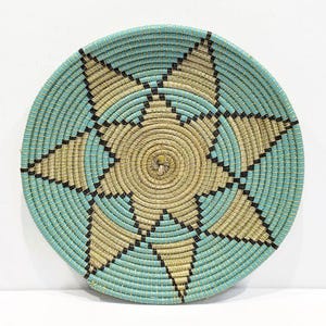 Round Vintage Woven Coil Basket, Seafoam Green, Black and Beige, Natural Materials, Flared Rim, Gold Threading