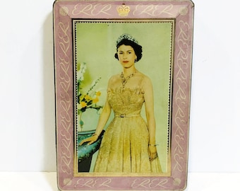 Vintage H.M. Queen Elizabeth II Coronation Tin, Pinkish-Lavender and Pale Blue Borders, by Edward Sharp & Sons, Circa 1953