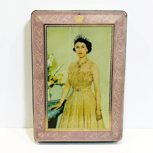 Vintage H.M. Queen Elizabeth II Coronation Tin, Pinkish-Lavender and Pale Blue Borders, by Edward Sharp & Sons, Circa 1953