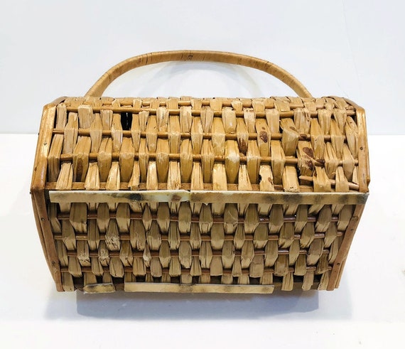 Unique Vintage Wicker and Wood Wide Base Purse, W… - image 8