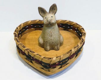Amish-Made Small Heart Shaped Lazy Susan Basket, Blue and Maroon Woven Pattern, Raised Rim, circa 2002