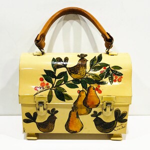 Lonchera reciclada con tapa abovedada, bolso, asa de cuero, diseño de decoupage, peral y pájaros, patas de madera, ¡TAN LINDO!