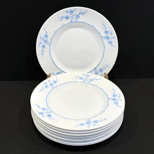May include: A stack of eight white ceramic soup bowls with a blue floral design. The bowls have a slightly raised rim and a shallow depth.