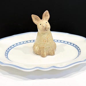 May include: A ceramic bunny figurine sits on a white, scalloped-edge platter with a blue border. The bunny is beige with textured details. The plate has a decorative blue pattern around the rim. The background is black and white.
