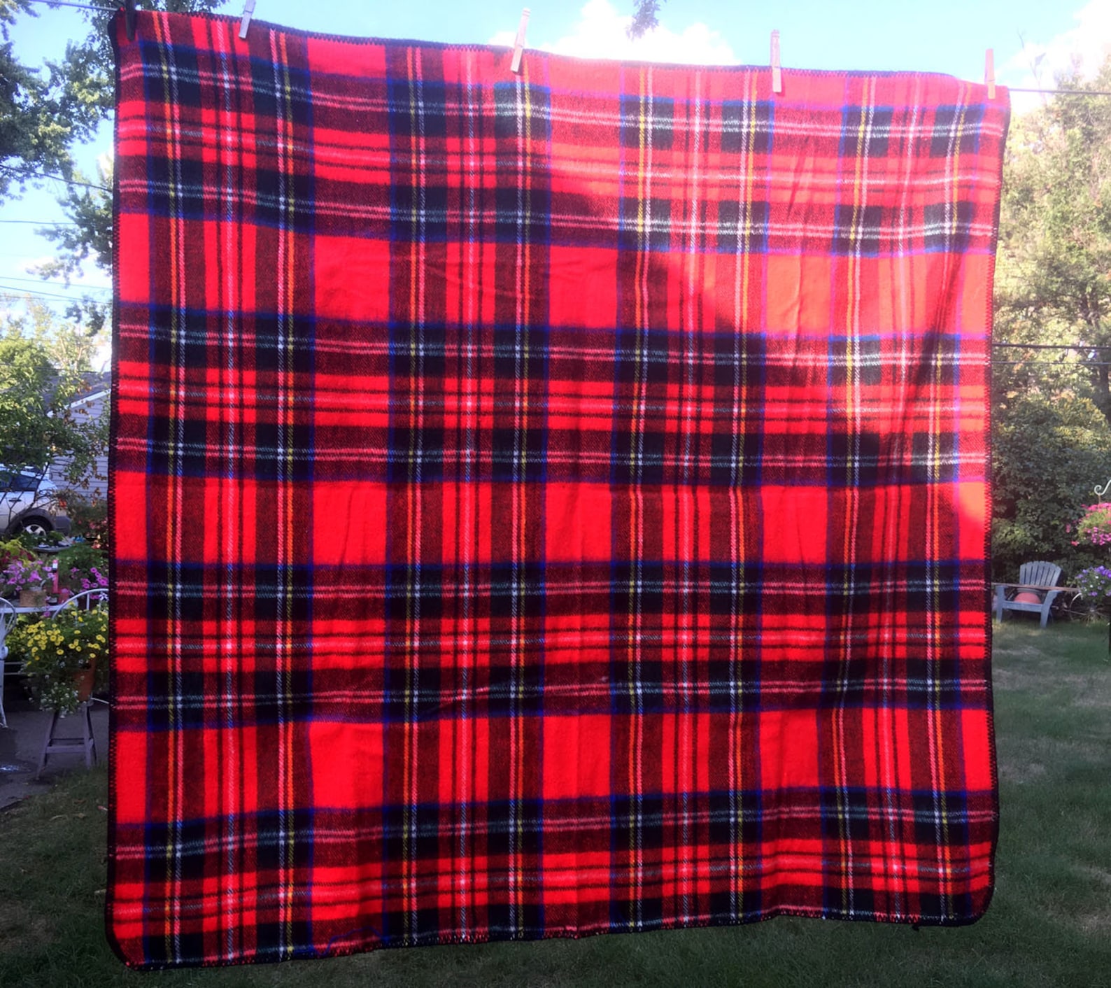 Vintage Red Plaid Blanket Red Black Blue and White Blanket Etsy