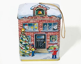 Vintage Tiny Tin Box, Brick School House, Christmas Theme, Snow, Christmas Ornament, circa 1986