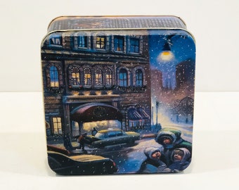 Metal Storage Tin - Winter in the City, Night Scene on Lid and Sides