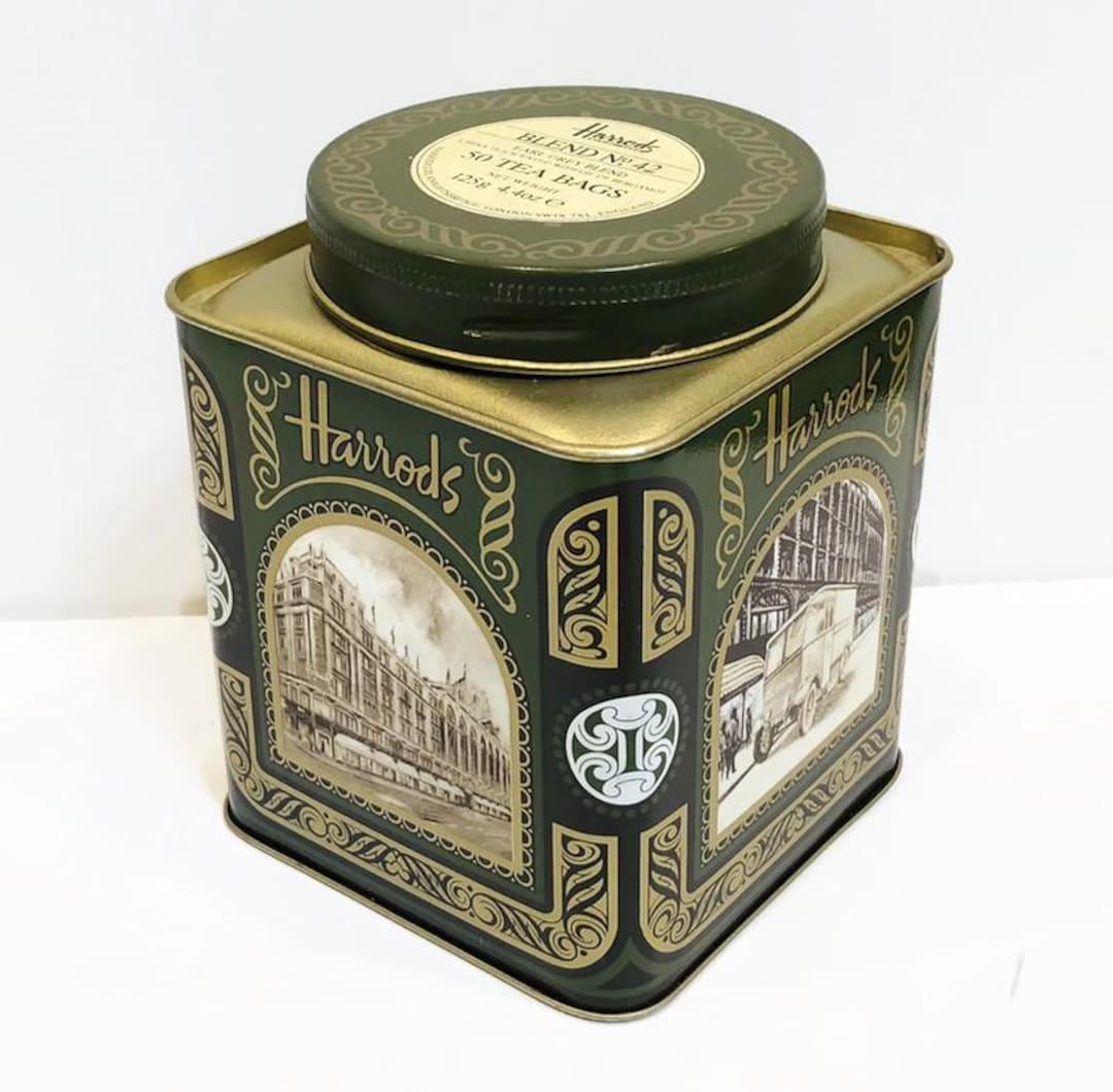 Vintage Harrods Knightsbridge Tin Tea Container, Forest Green With Vintage Illustrations, Gold Trim, Square Tin With Round Screw Top Lid - Etsy Vintage Harrods Knightsbridge Tin Tea Container, Forest Green With Vintage Illustrations, Gold Trim, Square Tin With Round Screw Top Lid - Etsy