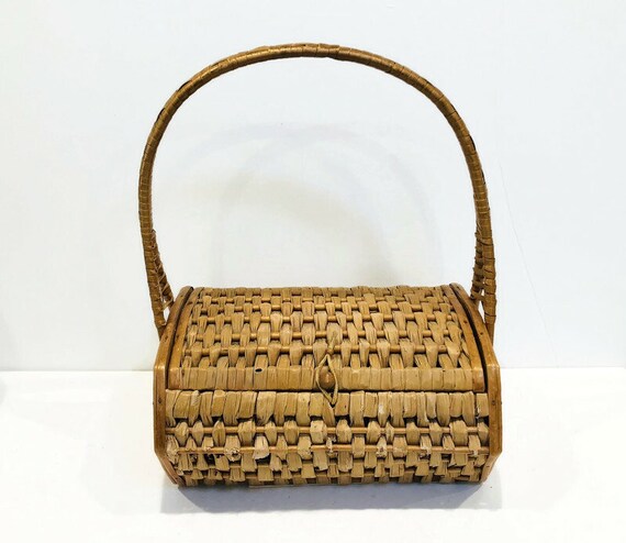 Unique Vintage Wicker and Wood Wide Base Purse, W… - image 1