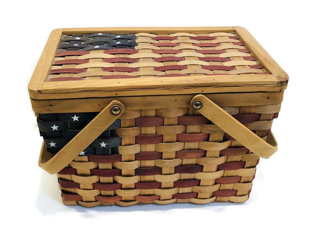 Vintage Patriotic Picnic Basket Flag Motif on Lid and Sides