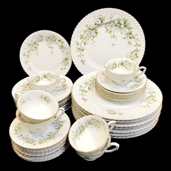 Vintage "Hawthorn" China, by Franconia-Krautheim, White Flowers, Green Leaves, Gold Trim, Dinner, Salad and Bread/Butter Plates, Teacups