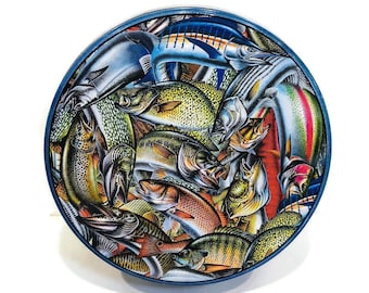 Vintage Round Storage Tin, Colorful Stylized Fish, Salmon, Northern Pike, Trout, Etc,, Large Round Lidded Tin