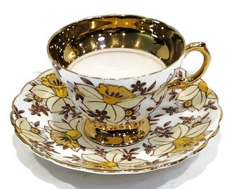 Vintage Footed Teacup and Saucer, Rosina, "March Daffodil", Gold Trim Gold Rims, Wide, Shiny Gold Interior Section