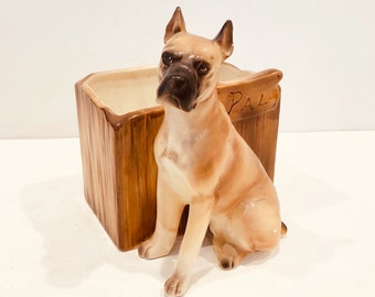 Vintage Seated Dog/Planter, Chestnut Brown, "Pal", Brown Boxer, Dark Muzzle, Square Planter Area