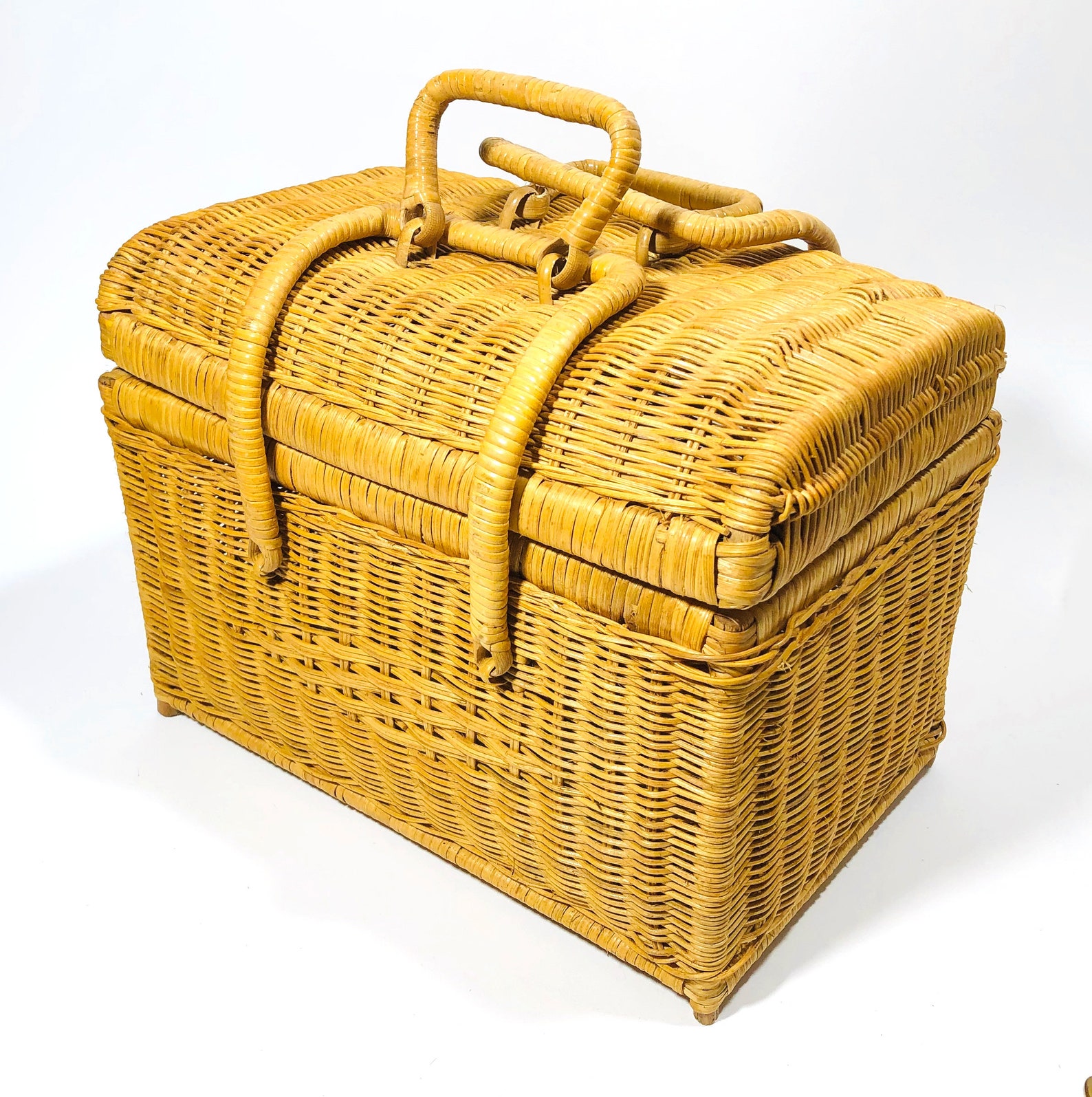 Vintage Woven Wicker Basket with Hinged Lid and Handles Etsy