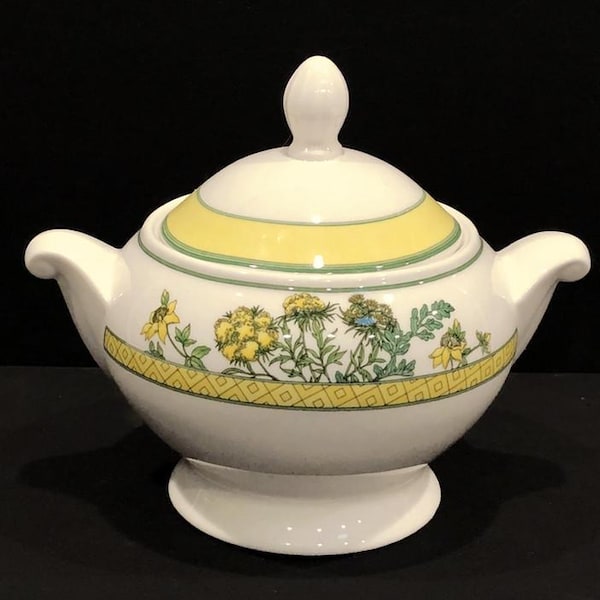 Mikasa Floral Court Footed Lidded Sugar Bowl, Ultima Super Strong Fine China, White with Yellow & Green Floral Pattern