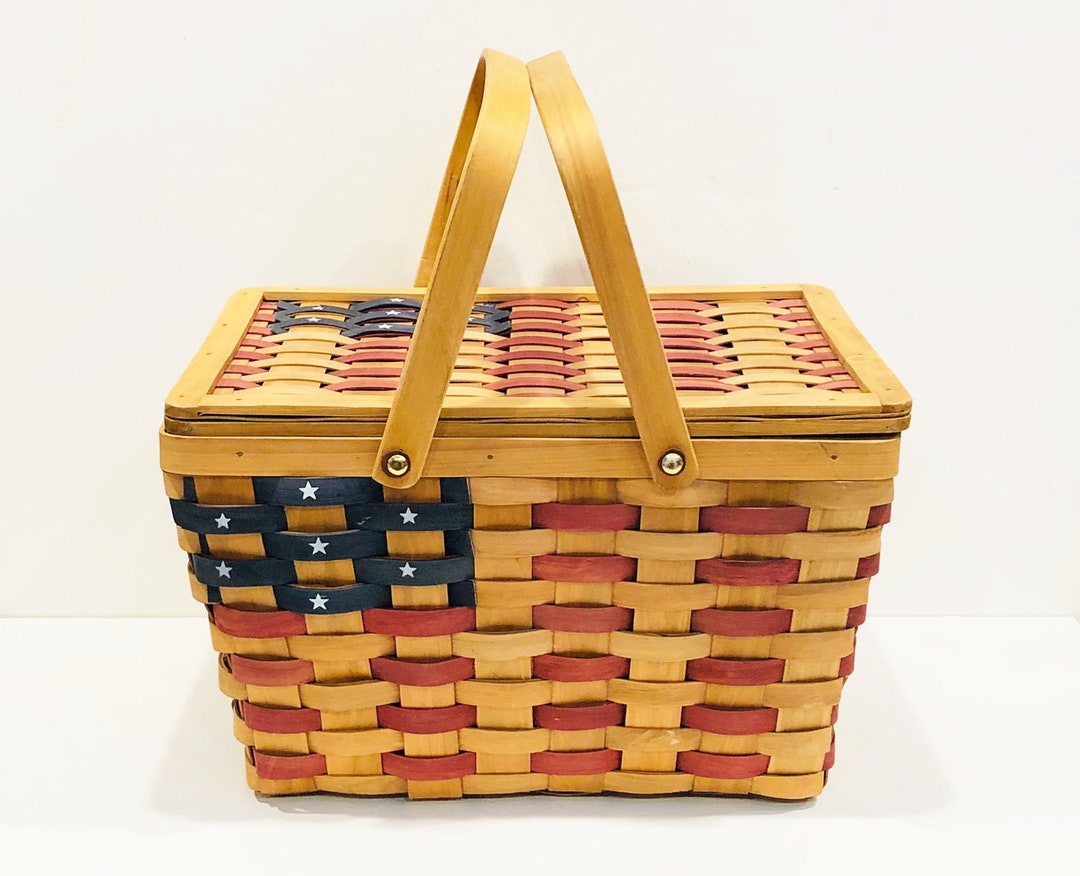 Vintage Patriotic Picnic Basket Flag Motif on Lid and Sides Etsy