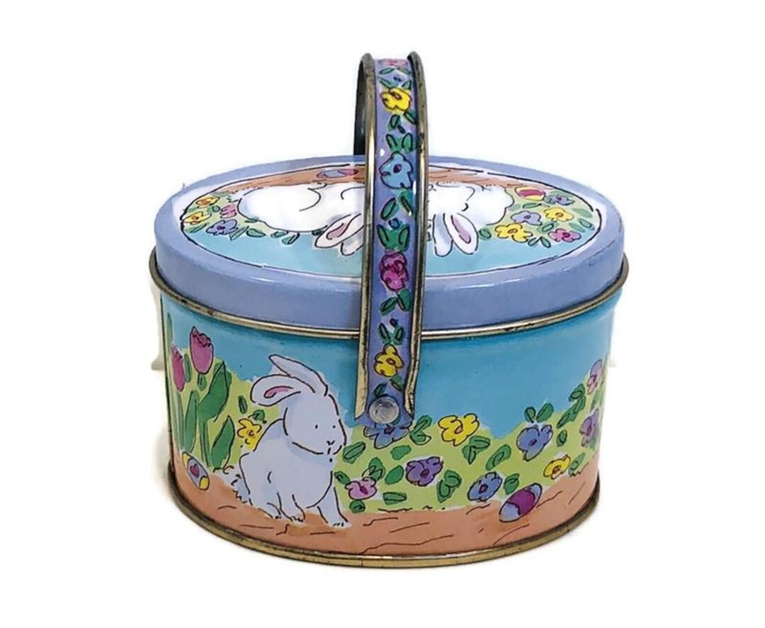 Vintage Easter Tin, Oval Metal Tin, Sweet Bunny, Spring Flowers, Handle ...