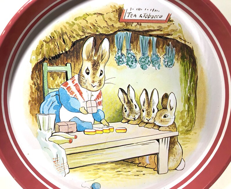 Dark Pink Border Vintage Beatrix Potter Metal Tray Round Tray Made in England Mother Rabbit and Three Baby Bunnies