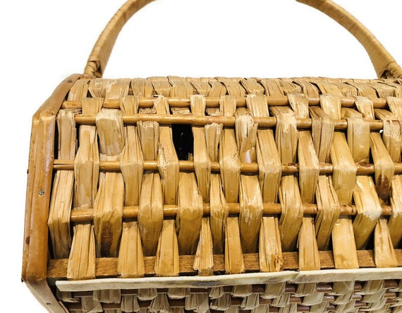 Unique Vintage Wicker and Wood Wide Base Purse, W… - image 9