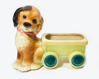 Vintage "Royal Copley" Seated Dog/Puppy Figurine / Planter, Chestnut Brown, "Flyer" Wagon