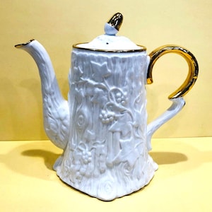 Vintage Coffee Pot, "Old English Oak", by Royal Stafford Fine Bone China,  Fabulous Faux Bois Embossed Texture, White with Gold Trim