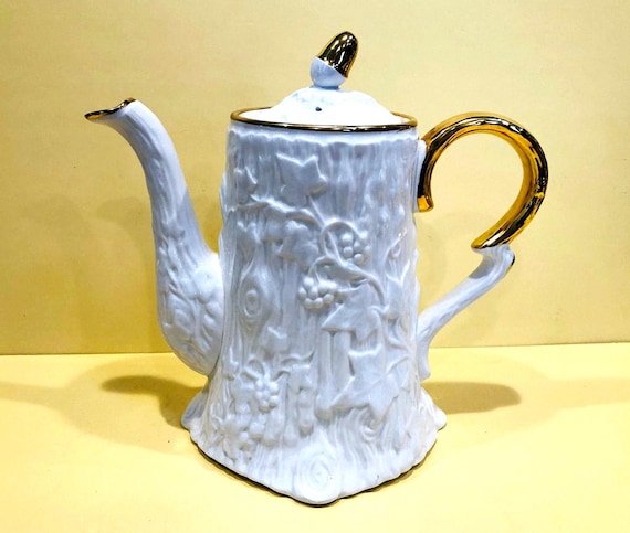 Vintage Coffee Pot, "Old English Oak", by Royal Stafford Fine Bone China,  Fabulous Faux Bois Embossed Texture, White with Gold Trim