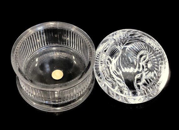 Vintage Crystal Trinket Box, Round With Rams Head Lid, by